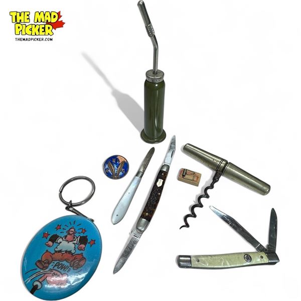 Vintage Variety Lot: Folding Knives, Pin Back, Bottle Opener, Oiler, Miniature Mouse Trap, & Key Cha