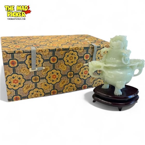 Carved Jade Asian Censer With Dragon Motif