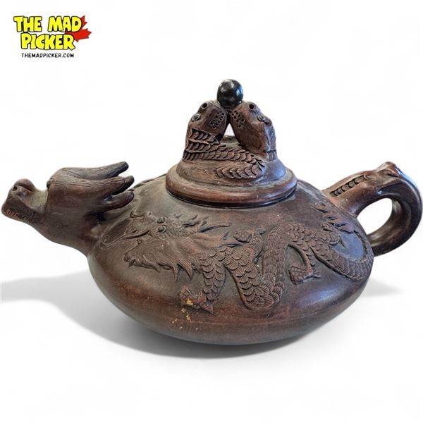Large Ceramic Asian Teapot With Dragon Motif, Signed On Bottom