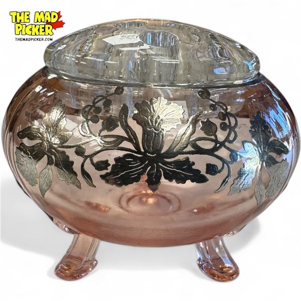 Vintage Cranberry Glass Flower Frog With Silver Overlay