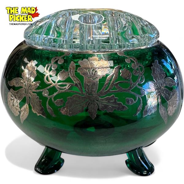 Vintage Green Glass Flower Frog With Silver Overlay
