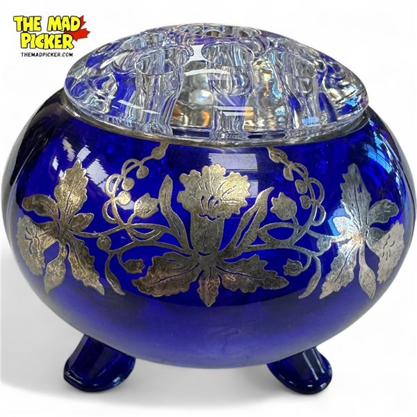 Vintage Blue Glass Flower Frog With Silver Overlay
