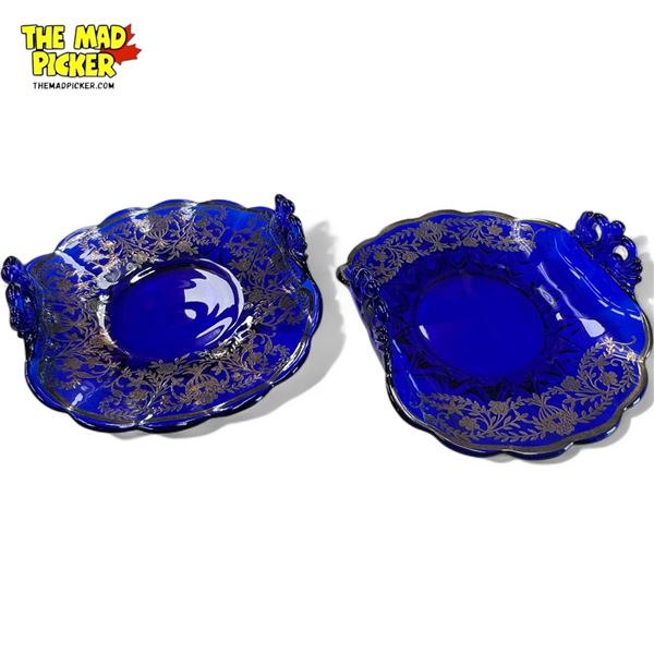 2 Blue Glass Plates With Silver Overlay