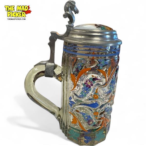 Vintage Hand Painted Glass Beer Stein, Feude With Enamel Top