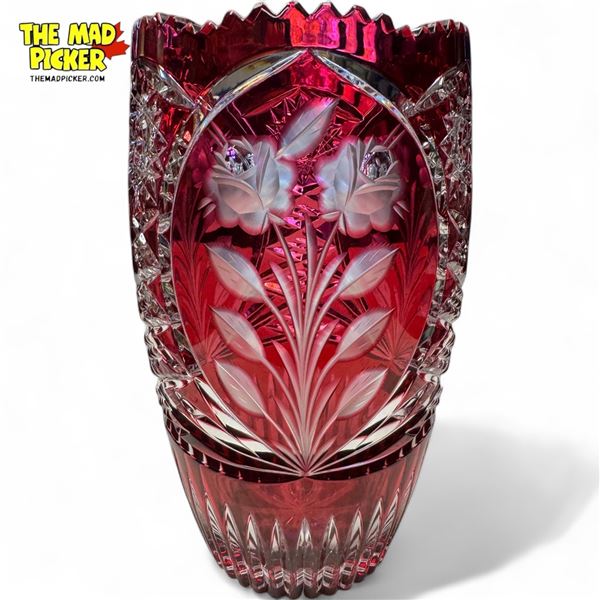 Vintage Lausitzer Cranberry Etched Glass Vase With Floral Motif