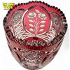Image 3 : Vintage Lausitzer Cranberry Etched Glass Vase With Floral Motif