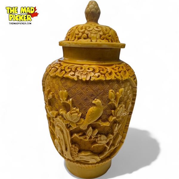 Vintage Asian Carved Yellow Cinnabar Ginger Jar