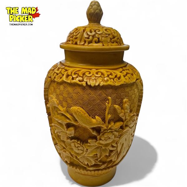 Vintage Asian Carved Yellow Cinnabar Ginger Jar