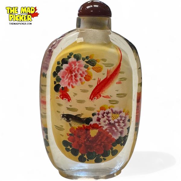 Vintage Asian Snuff Bottle With Koi Pond Motif