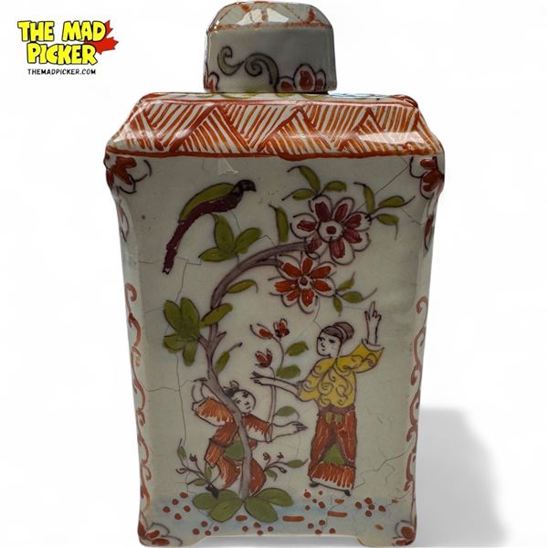 18Th Century Dutch Delft Chinoiserie Polychrome Decorative Tea Caddy & Cover