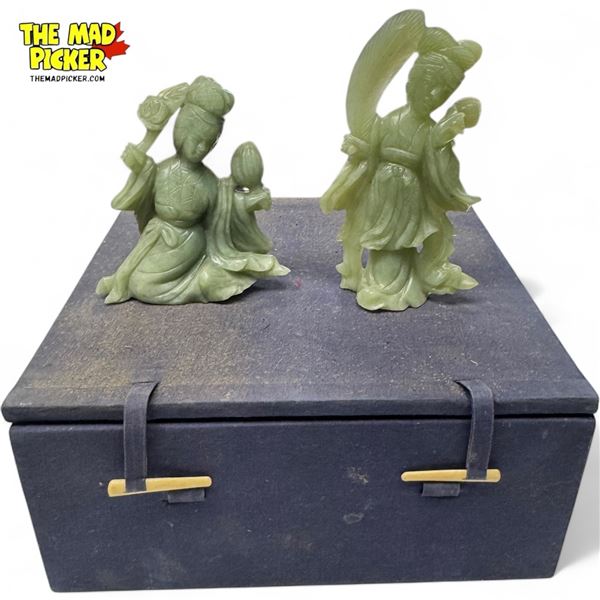 Pair Of Carved Jade Asian Ladies, In Original Box
