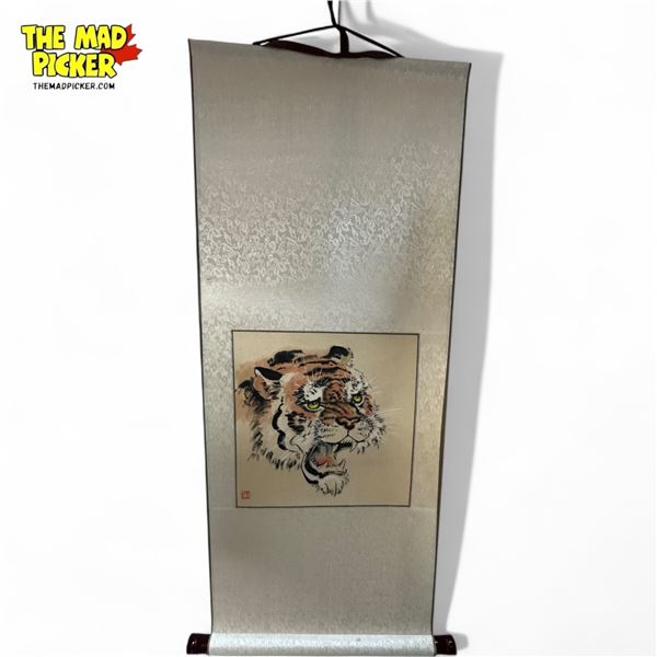 Vintage Chinese Silk Scroll With Watercolor Of Tiger
