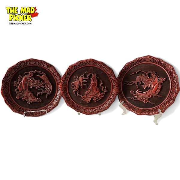 3 Carved Cinnabar Plates
