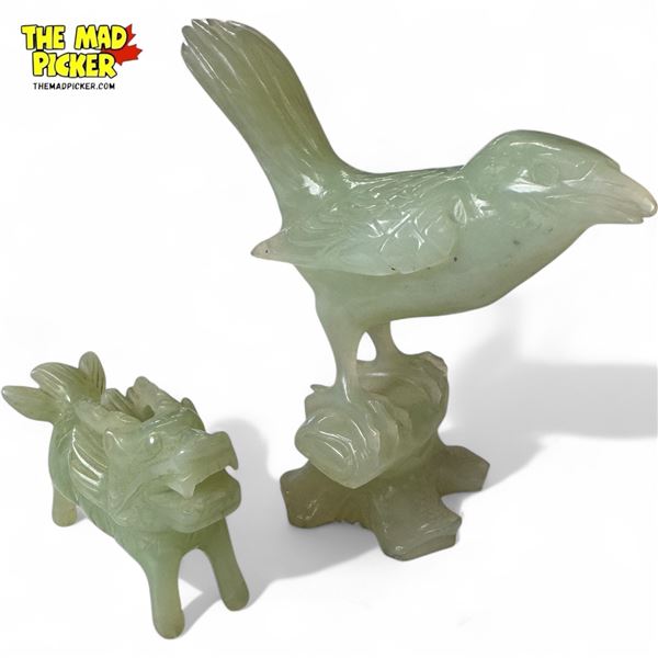 Pair Of Carved Jade Figurines, Bird & Dragon Dog