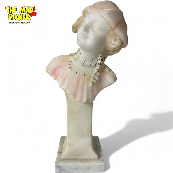 Vintage Carved Alabaster Pedestal Bust Of Young Lady