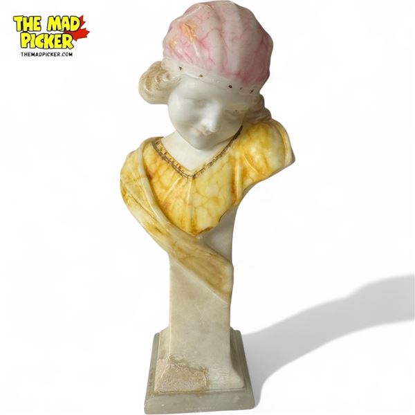 Vintage Carved Alabaster Pedestal Bust Of Young Lady