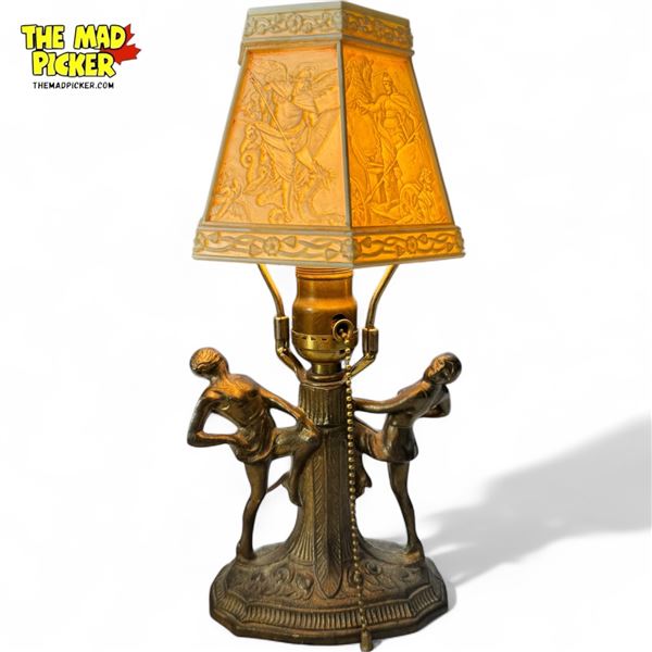 Vintage Brass Table Lamp With Figural Base With Biblical Scene Shade