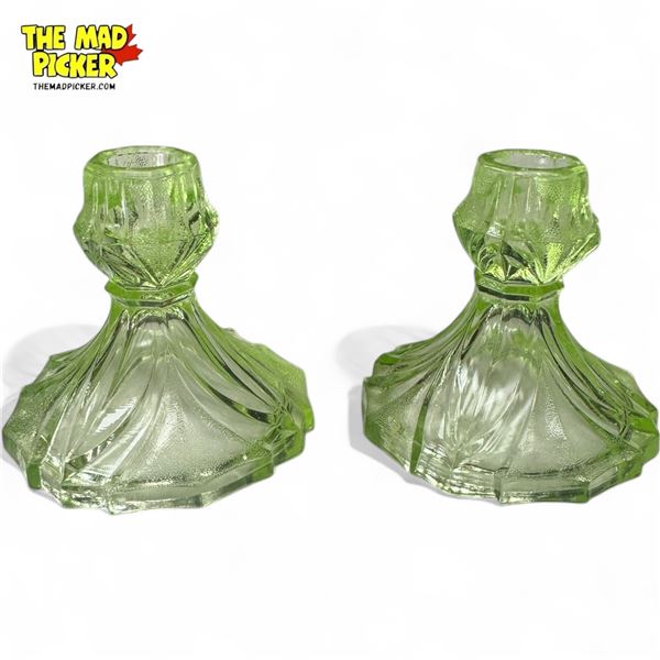 Pair Of Uranium Glass Candlesticks