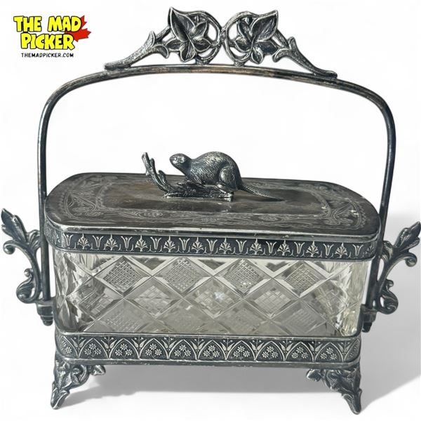 Vintage Silver Plate Cut Glass Butter Dish With Beaver Motif