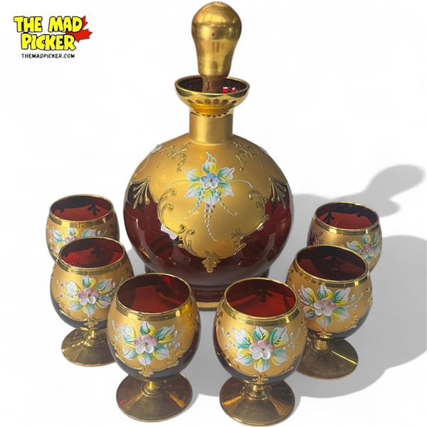 Vintage Murano Ruby Red Glass Decanter Set, With 6 Cups