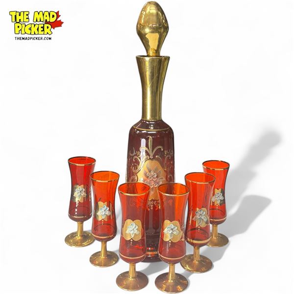 Vintage Murano Ruby Red Glass Decanter Set, With 6 Cups