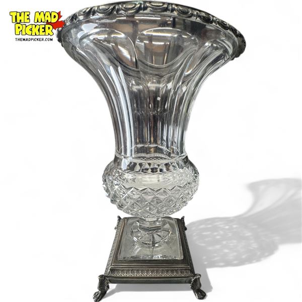 Vintage Cut Crystal Glass Vase With Silver Plate Footed Base & Rim