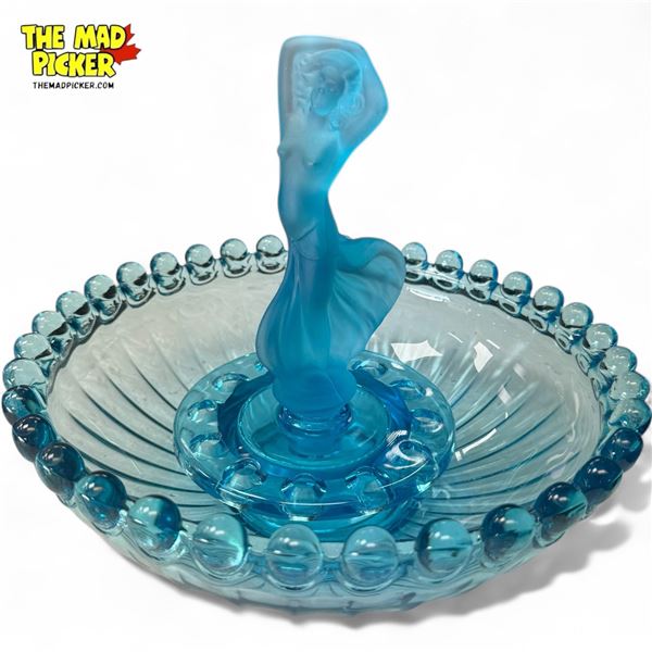 Vintage Blue Art Glass & Satin Glass Nude Art Flower Frog Bowl