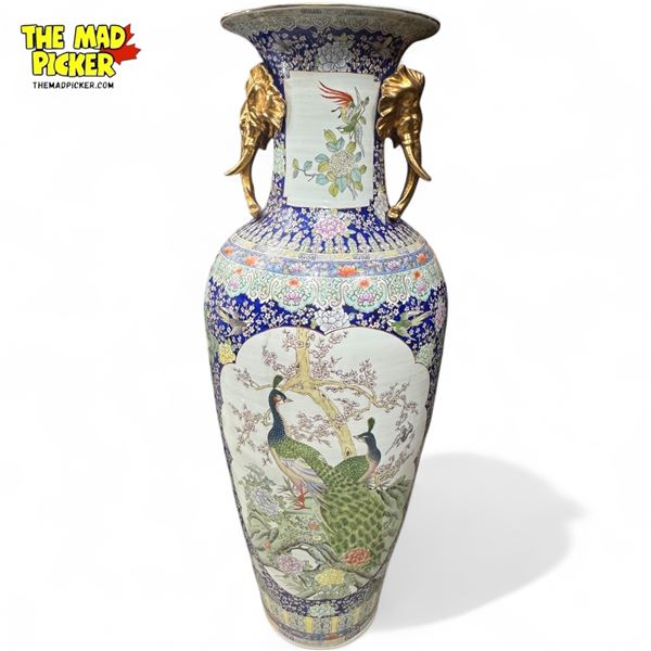 Very Large Highly Decorative Asian Vase With Elephant Head Handle Accents