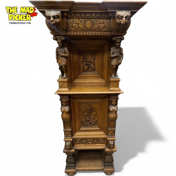 Magnificent Antique Hand Carved Biblical Scene Cupboard With Great Details Throughout
