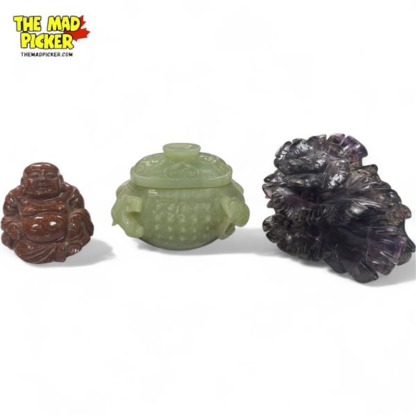 3x Vintage Chinese Collectibles: Jade Lidded Container, Jade Floral Piece, & Shiny Resin Buddah