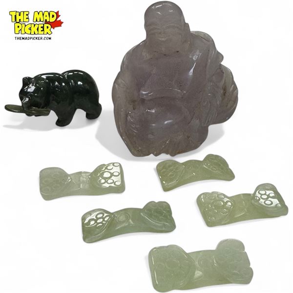 Vintage Chinese Jade Collectibles: Bear, Buddah, & Chopstick Benches