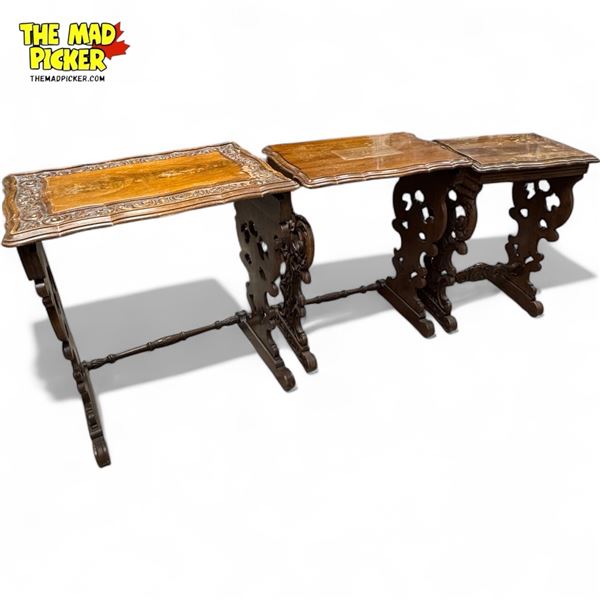 Vintage 3x Piece Nesting Table Set With Heavy Detailed Bases