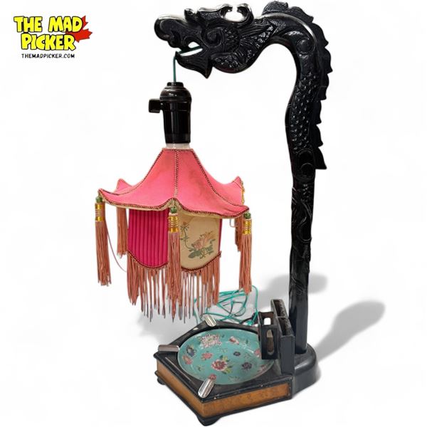 Vintage Cloissonne Dragon Themed Ashtray / Match Holder Table Lamp