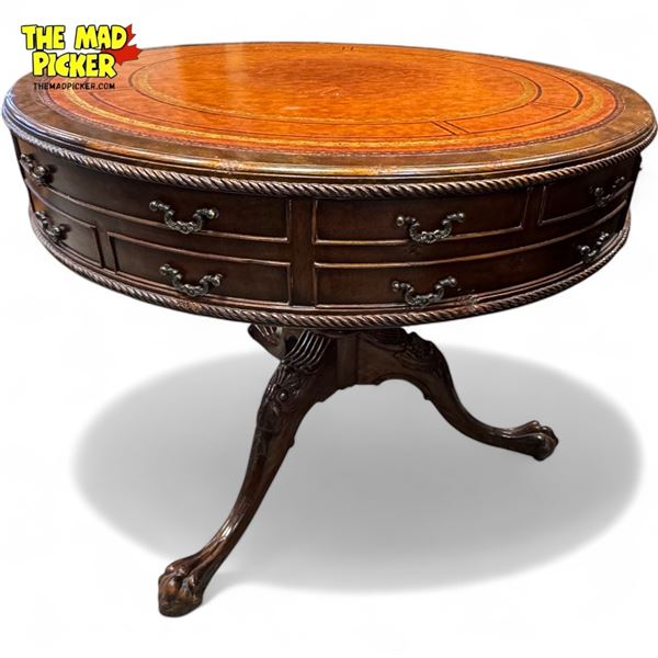 Vintage Leather Top Round 2x Drawer Table With Ball In Claw Feet