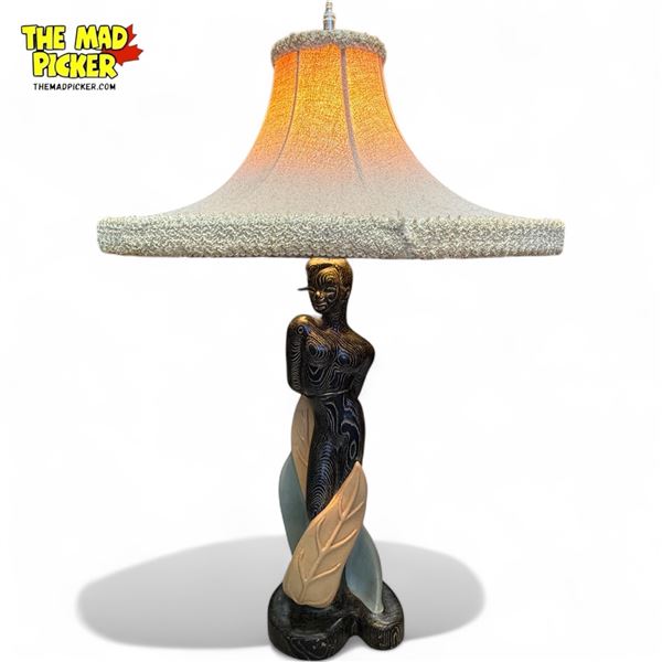 Mid Century Modern Reglor Chalkware Nude Figural Woman Table Lamp With Fantastic Shade