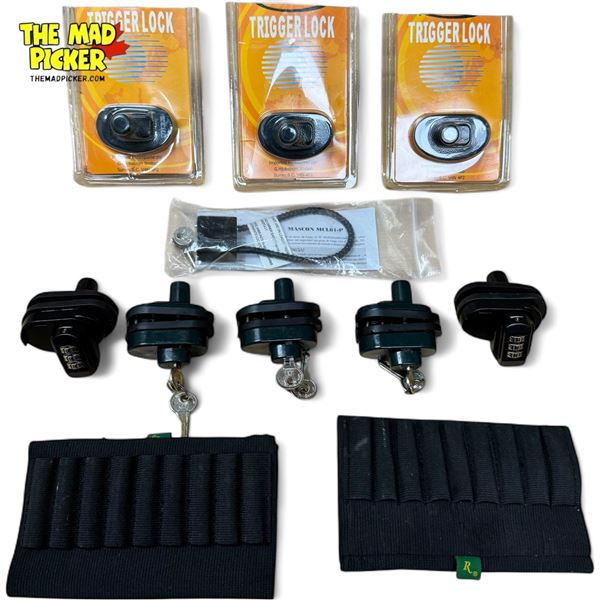 9x Firearm Locks & 2 Rifle Butt Ammo Holders