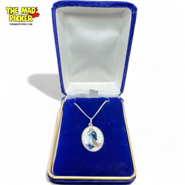Antique Austrian Silver .935 - Enamelled Virgin Mary Pendant On .925 Silver Chain