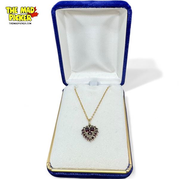 Antique Bohemian Garnet Heart Pendant - Gilt Silver On 10k Gold Chain