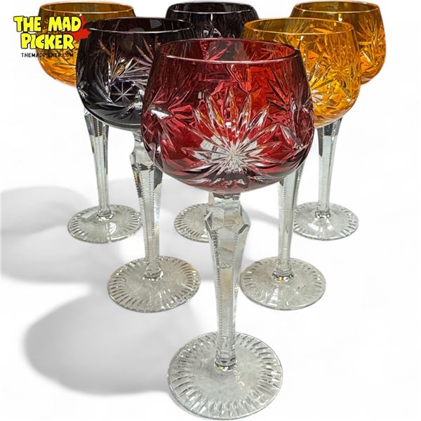 Beautiful Vintage Crystal Wine Glasses By Naehtmann With Cut Pattern & Colour Overlay
