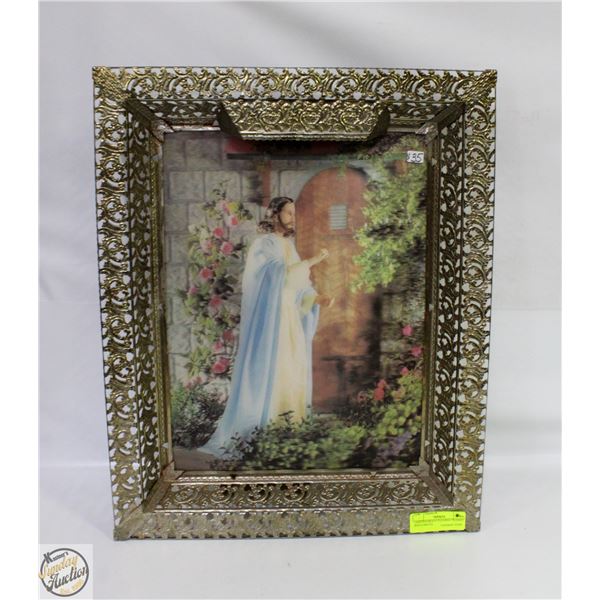 LIGHTED BRASS FILIGREE FRAMED JESUS PHOTO