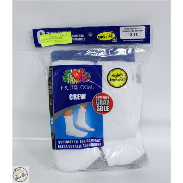 WHITE CREW SOCK 12-16 SIZE 6-PACK FRUIT OF THE