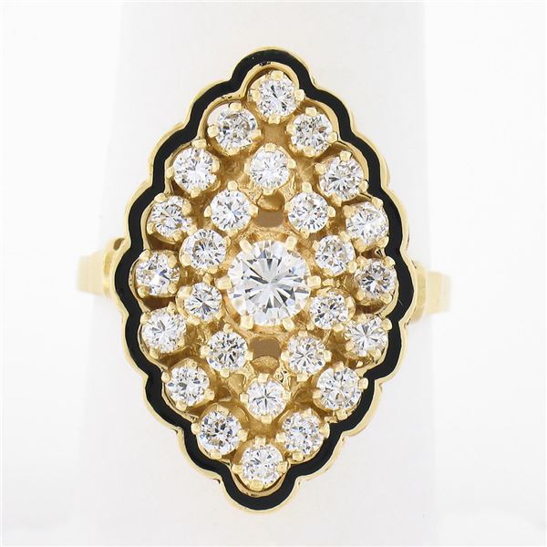 Vintage 14k Yellow Gold 1.12 ctw Round Diamond Black Enamel Navette Marquise Rin
