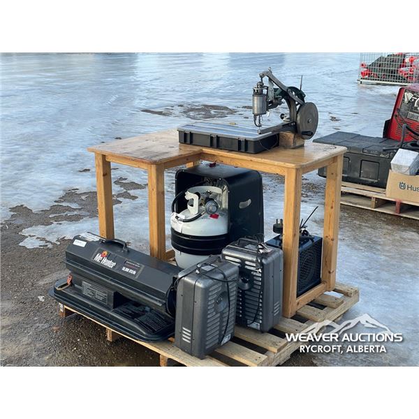 ASSORTED SHOP HEATERS W/LEATHER SEWING MACHINE
