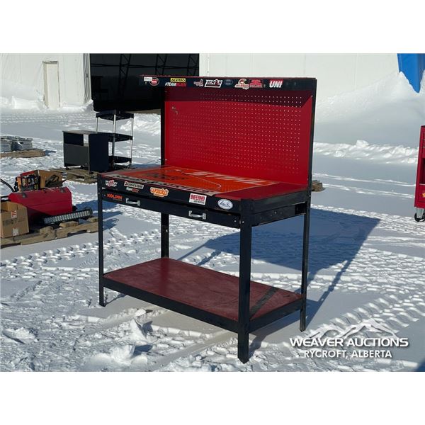 MASTERCRAFT WORKBENCH W/VINTAGE SHOP SIGNS