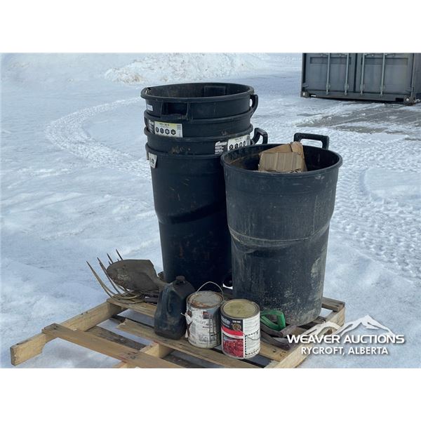 (5) GARBAGE CANS W/(2) PITCH FORKS & (1) SHOVEL