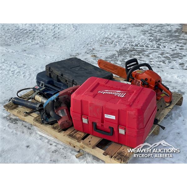 MILWAUKEE TOOL BOX W/GREASE GUNS & CHAIN SAW