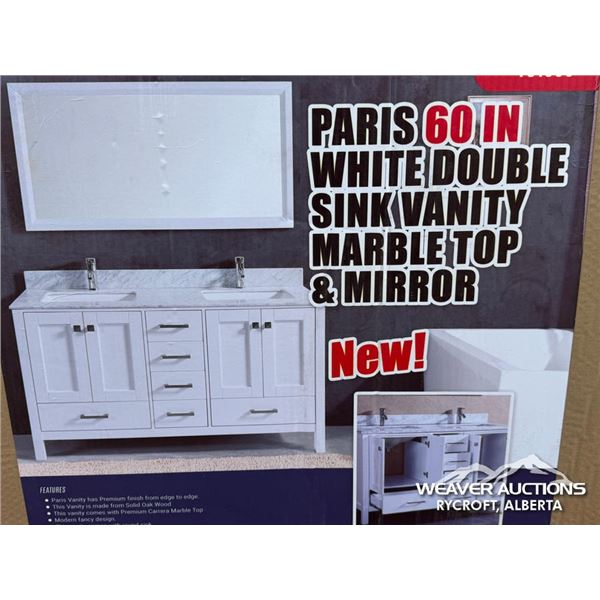 60 IN. MARBLE TOP DOUBLE SINK VANITY & MIRROR