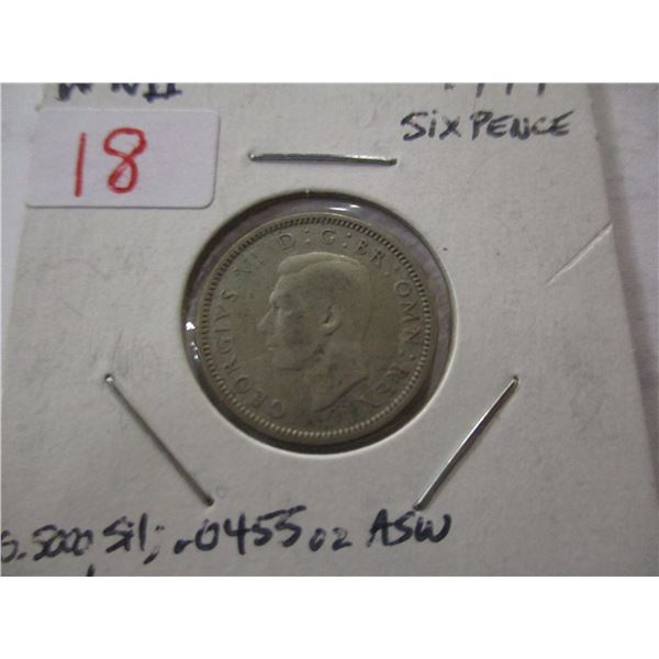 1944 WORLD WAR II BRITISH 6 PENCE (0.90 SILVER)