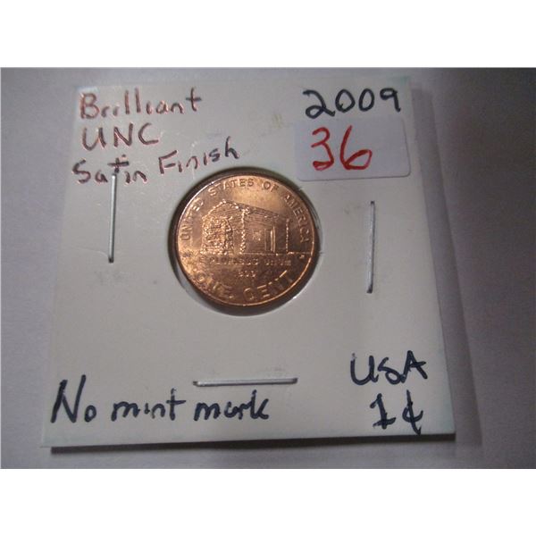 2009 BU RARE SATIN CONDITION USA LOG CABIN LINCOLN PENNY