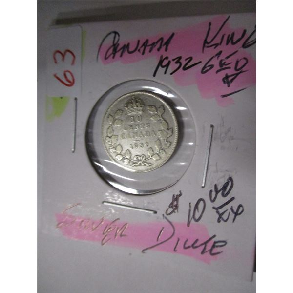 1932 CANADA KING GEORGE V SILVER DIME